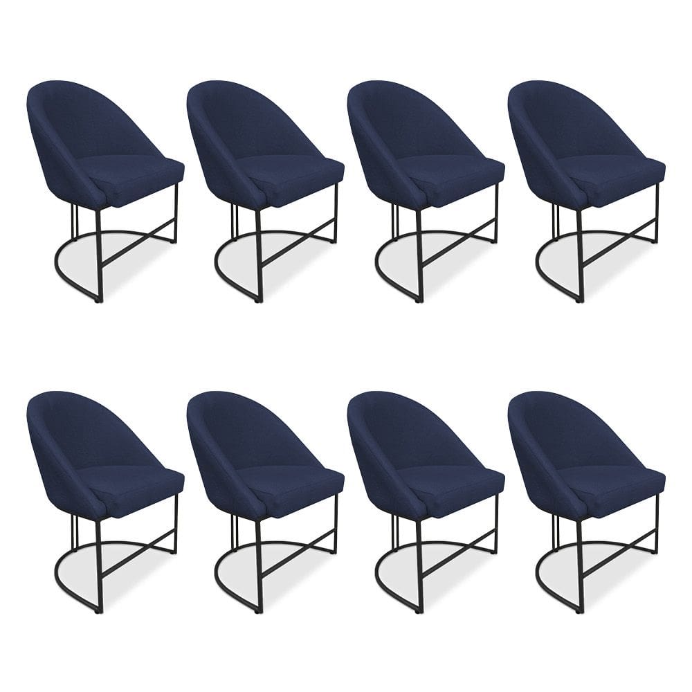 Kit 08 Cadeiras Poltrona de Jantar Bela Veludo Azul Marinho Base Metálica Industrial Preto - Pallazio