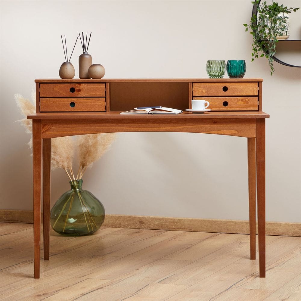 Mesa Escrivaninha Retro Madeira 4 Gavetas 1 Nicho Milano Castanho