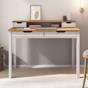Mesa de Estudo Quarto Retrô Minimalista Madeira 2 Nichos Branco Freijó Raul