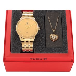 Conjunto Relógio Feminino Tuguir Analógico 2122 Dourado com Colar e Pingente