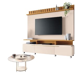 Estante Home Theater Artís Off White Cinamomo e Mesa de Centro Sky com Tampo de vidro Off White – HB Móveis