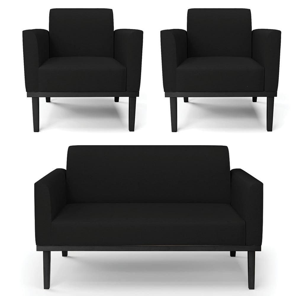 Sofá Namoradeira E 2 Poltronas Base Madeira Preto Maressa Linho Preto - Ibiza