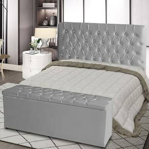 Kit Cabeceira De Cama Box E Calçadeira Baú Paris King 195 Cm 195 X 126 Capitonê Courino Prata Eli Móveis