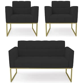 Sofá Namoradeira E 2 Poltronas Base Industrial Dourado Ana Veludo Preto - Ibiza