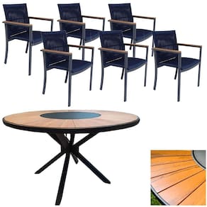Mesa 1,50m Giratória Zurick De Madeira 6 Poltronas Amélia Corda Náutica De Jantar Azul