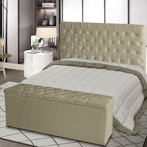 Kit Cabeceira De Cama Box E Calçadeira Baú Paris King 195 Cm 195 X126 Capitonê Courino Bege Eli Móveis