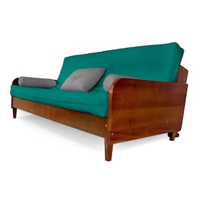 Sofá Cama Paris Sarja Azul Turquesa Madeira Nobre Cor Imbuia