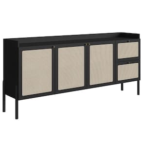 Balcão Buffet 3 Portas Oslo Artesano 183cm (largura) Mdp Nero Palha Sintética Bege Pé Madeira Maciça