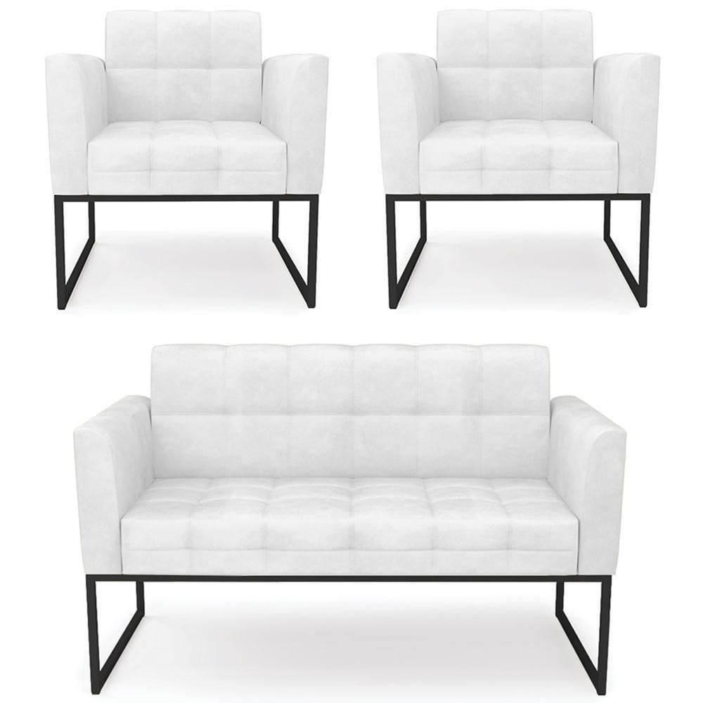 Sofá Namoradeira E 2 Poltronas Base Industrial Preto Ana Sintético Pu Branco - Ibiza