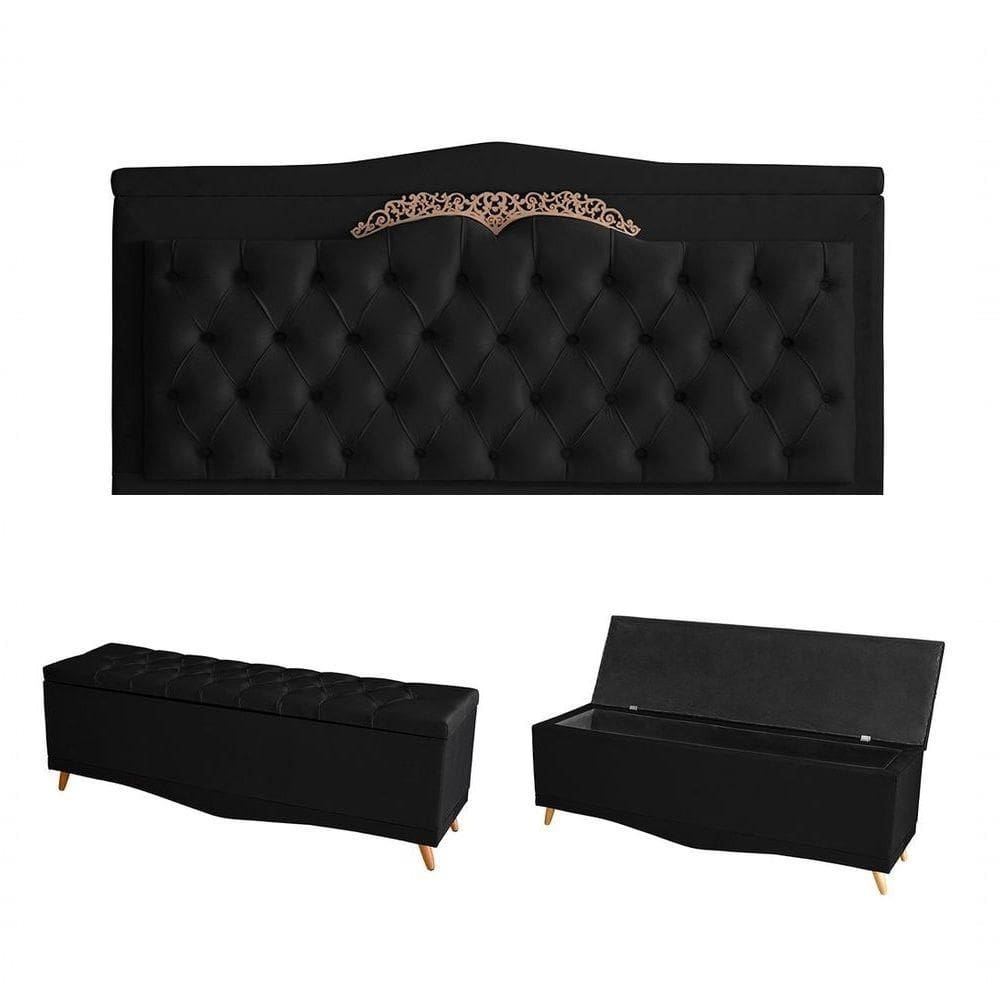 Kit Helena Cabeceira De Cama Painel E Calçadeira Baú Casal 140 Cm Suede Preto Eli Móveis E Decoração