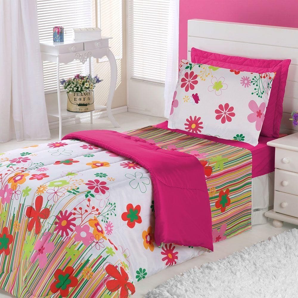 Kit Coordenado Edredom Com Lençol Solteiro Alegria Pink 100% Poliéster