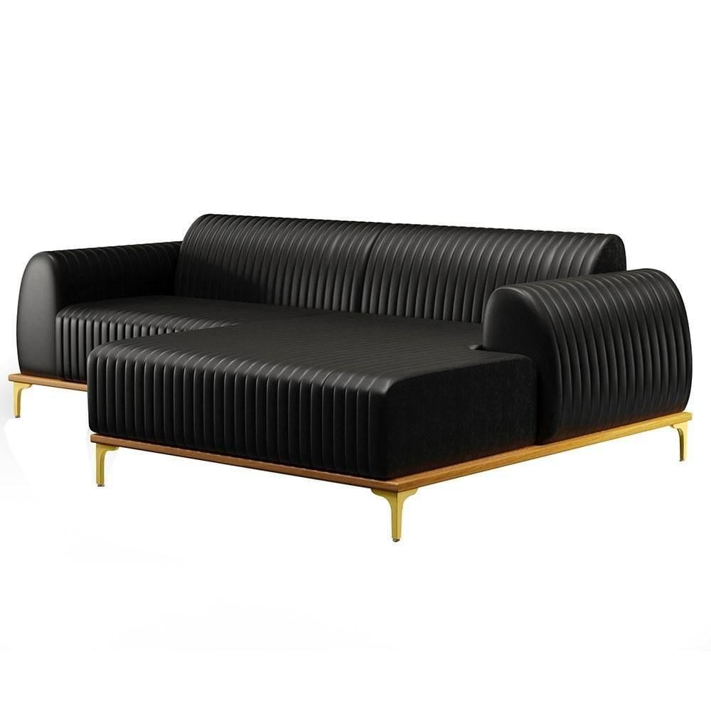 Sofá 265cm 4 Lugares Com Chaise Direito Pés Gold Molino B-159 Corano Preto - Domi