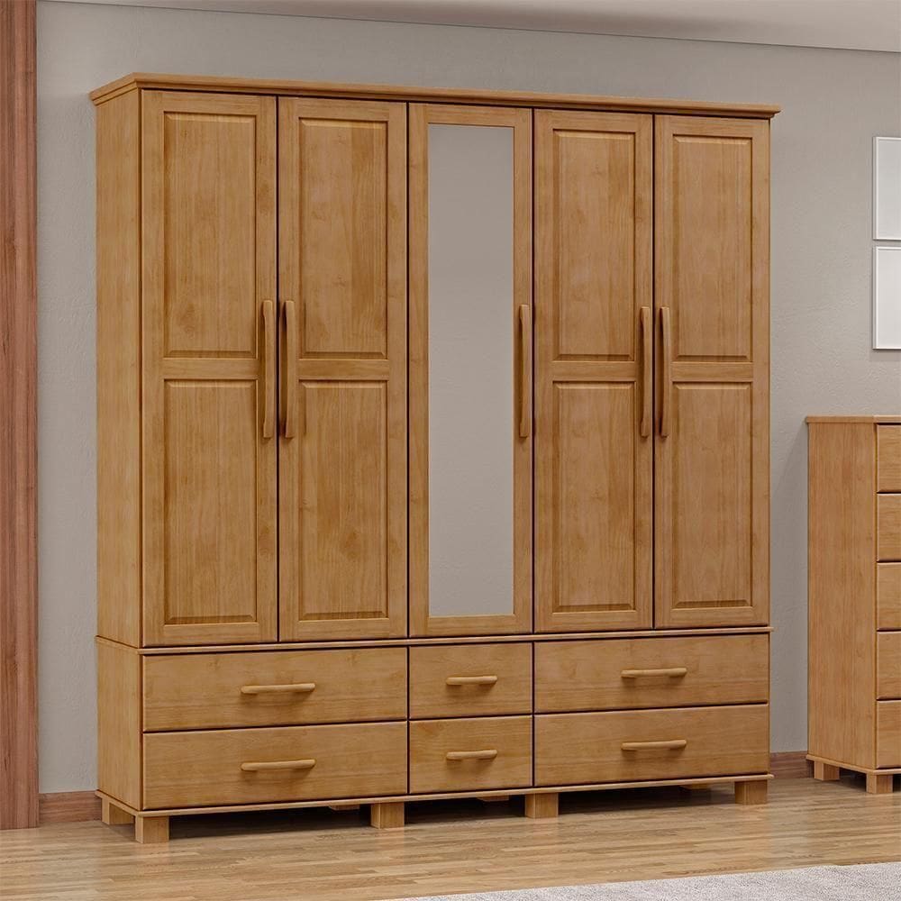 Guarda Roupa 5 Portas 6 Gavetas Espelho Madeira Maciça 208 Cm 2253 Freijo Milani Store