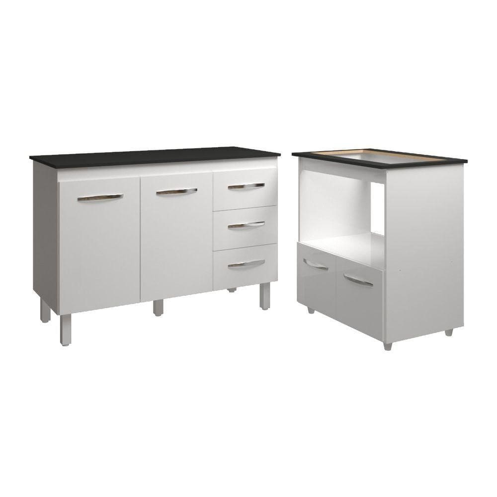 Balcão Armário Gabinete Bruna 118 Cm Branco Com Tampo Preto E Balcão Evelyn Para Cooktop 5 Bocas Branco