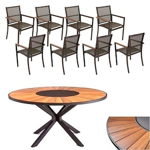 Conjunto De Mesa Jantar 1,80m Zurick Madeira Pétalas 8 Poltronas Amélia Tela Sling E Alumínio Marrom