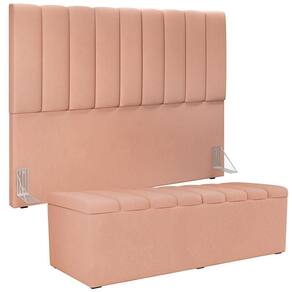 Kit Cabeceira Cama Box Casal King 195cm Com Calçadeira Baú Dália W01 Linho Rosê - Lyam
