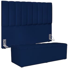 Kit Cabeceira Cama Box Casal King 195cm Com Calçadeira Baú Dália W01 Facto Azul Marinho - Lyam