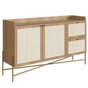 Balcão Buffet 2 Portas Oslo Artesano 139 Cm (larg) Mdp Hanover Palha Sintética Bege Pé Metal Dourado