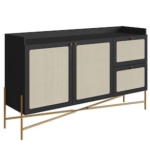 Balcão Buffet 2 Portas Oslo Artesano 139 Cm (largura) Mdp Nero Palha Sintética Bege Pé Metal Dourado