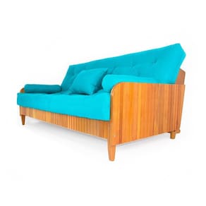 Sofá Cama Paris Ripado Sarja Azul Turquesa Madeira Nobre