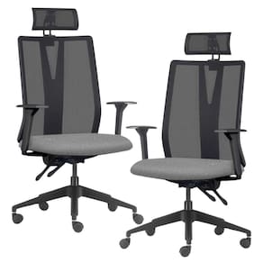 Kit 2 Cadeiras Escritório Giratória Presidente Flow F02 Base Preta Linho Cinza Escuro - Lyam Decor