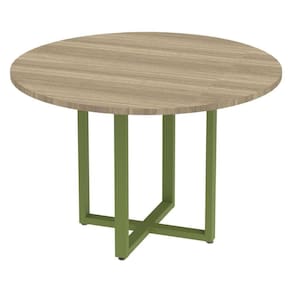 Mesa De Reunião Redonda P25 Pandin 110 Cm (largura) Tampo Mdp Noce Naturalle Pé Aço Tubular Verde M