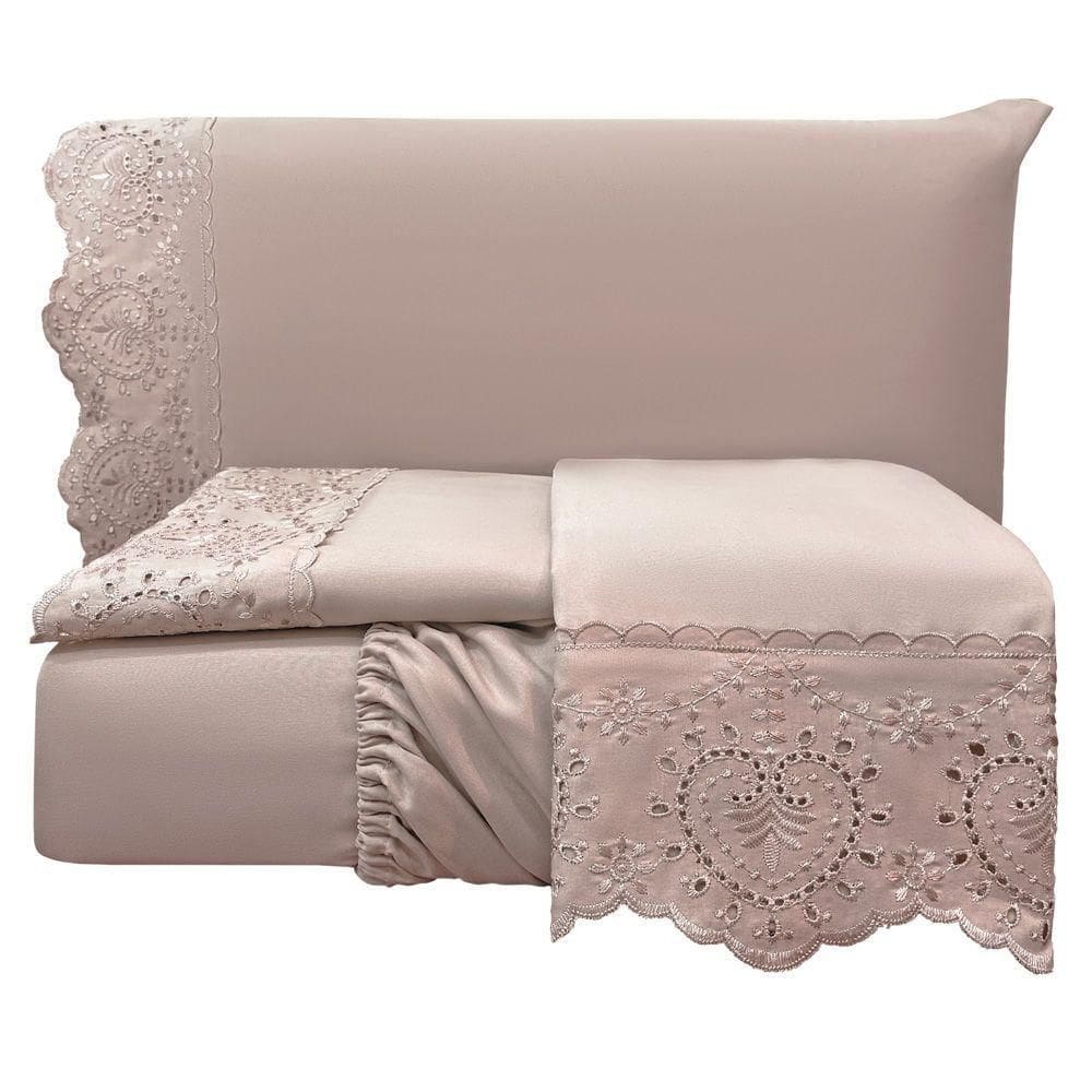 Jogo Cama Lençol Casa Scarpa Detail Queen Bordado Guipir Bordado Inglês Percal 300 Fios 4 Peças - Roxo Malva