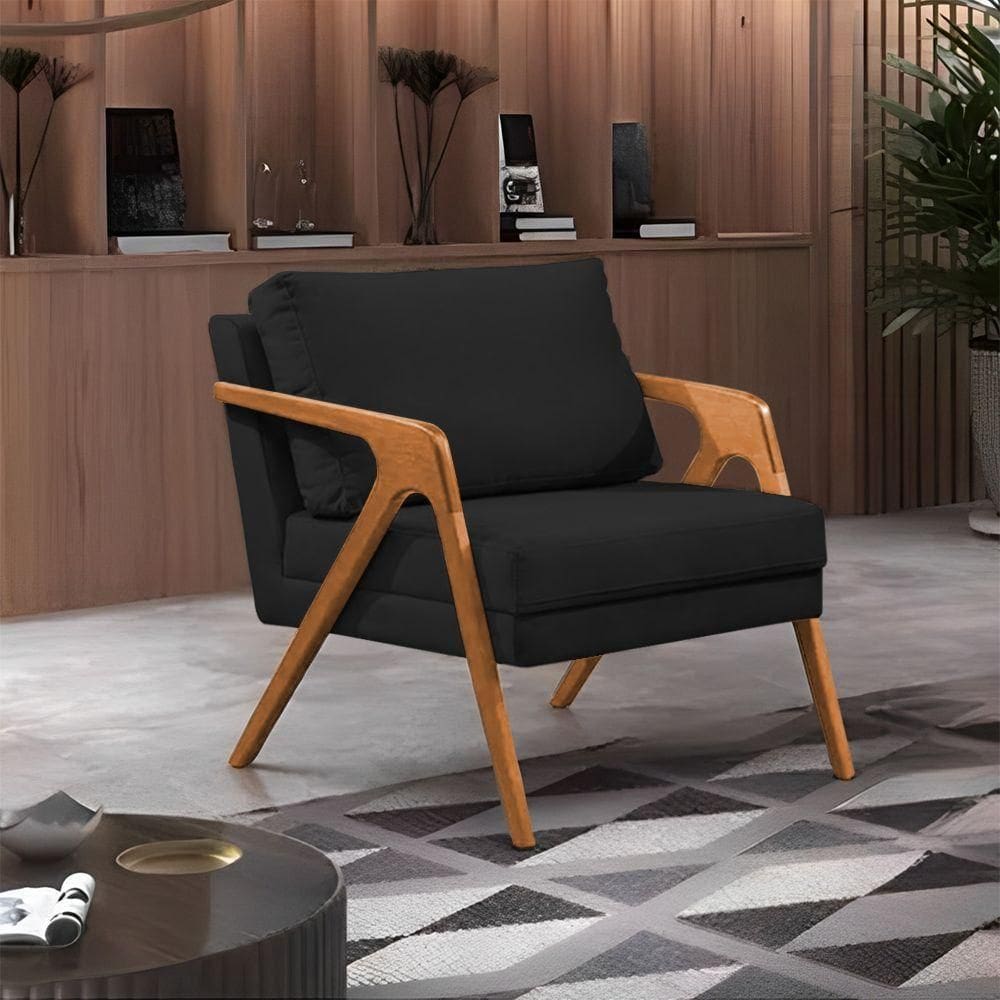 Poltrona Mona Monique Luxo Base Madeira Maciça Cerejeira Veludo Preto