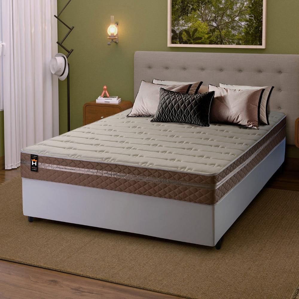 Conjunto Cama Box Branco c/ Molas Ensacadas Georgia Bege Casal 138x188x60