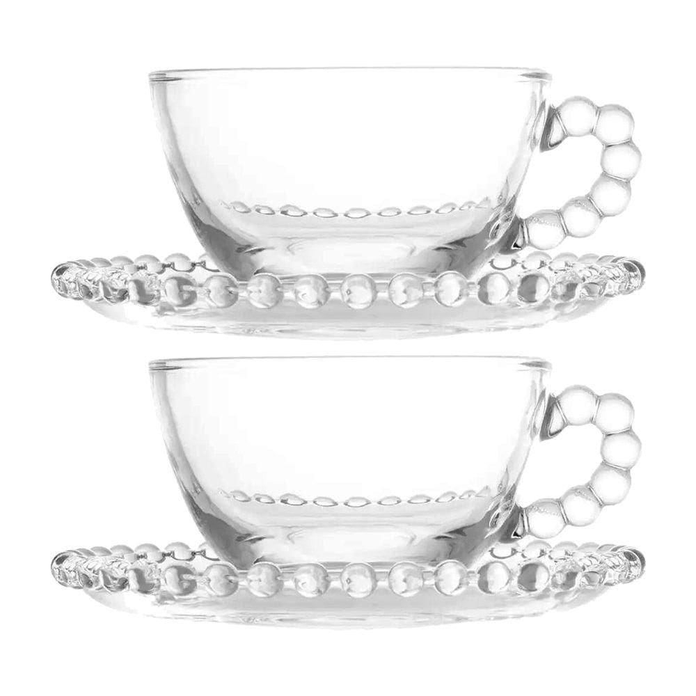Jogo 2 XícarasDe Chá Com Pires Cristal Transparente Pearl Pérola 180ml Wolff
