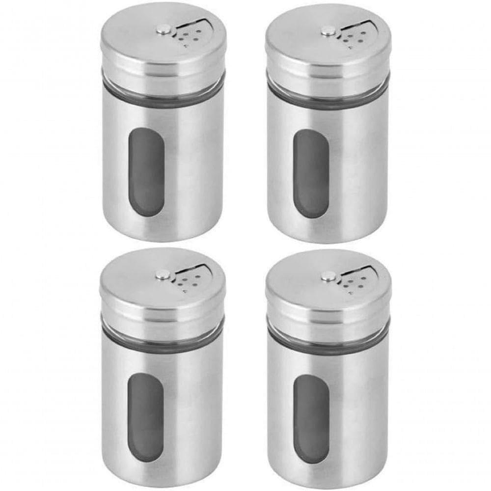 Kit 4 Porta Temperos Inox Visor Vidro Saleiro Pimenteiro