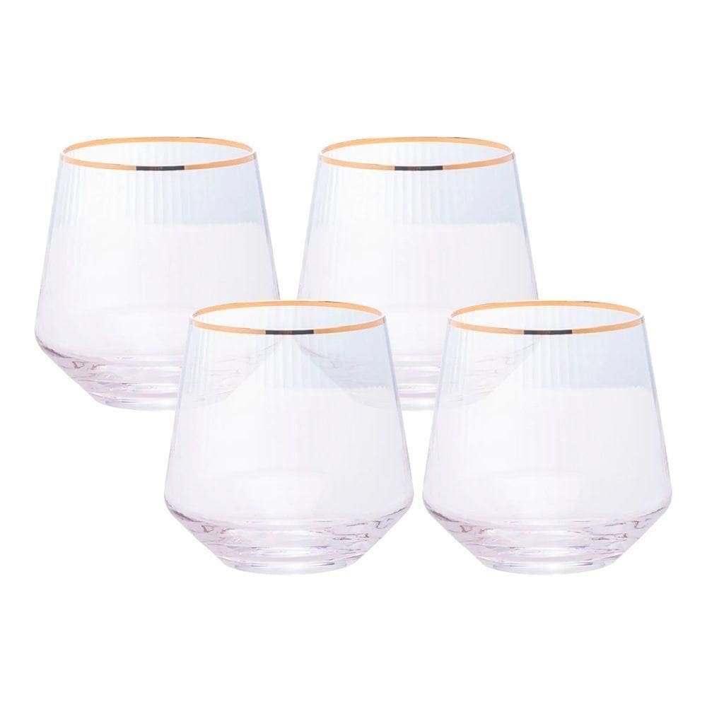 Jogo 4 Copos De Whisky Baixo Drinks Vidro Lines Fio De Ouro Borda Dourada 330ml Wolff