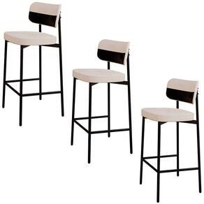 Banqueta Alta Bar Estofada Kit 3 Ella M25 Linho Palha-preto - Mpozenato
