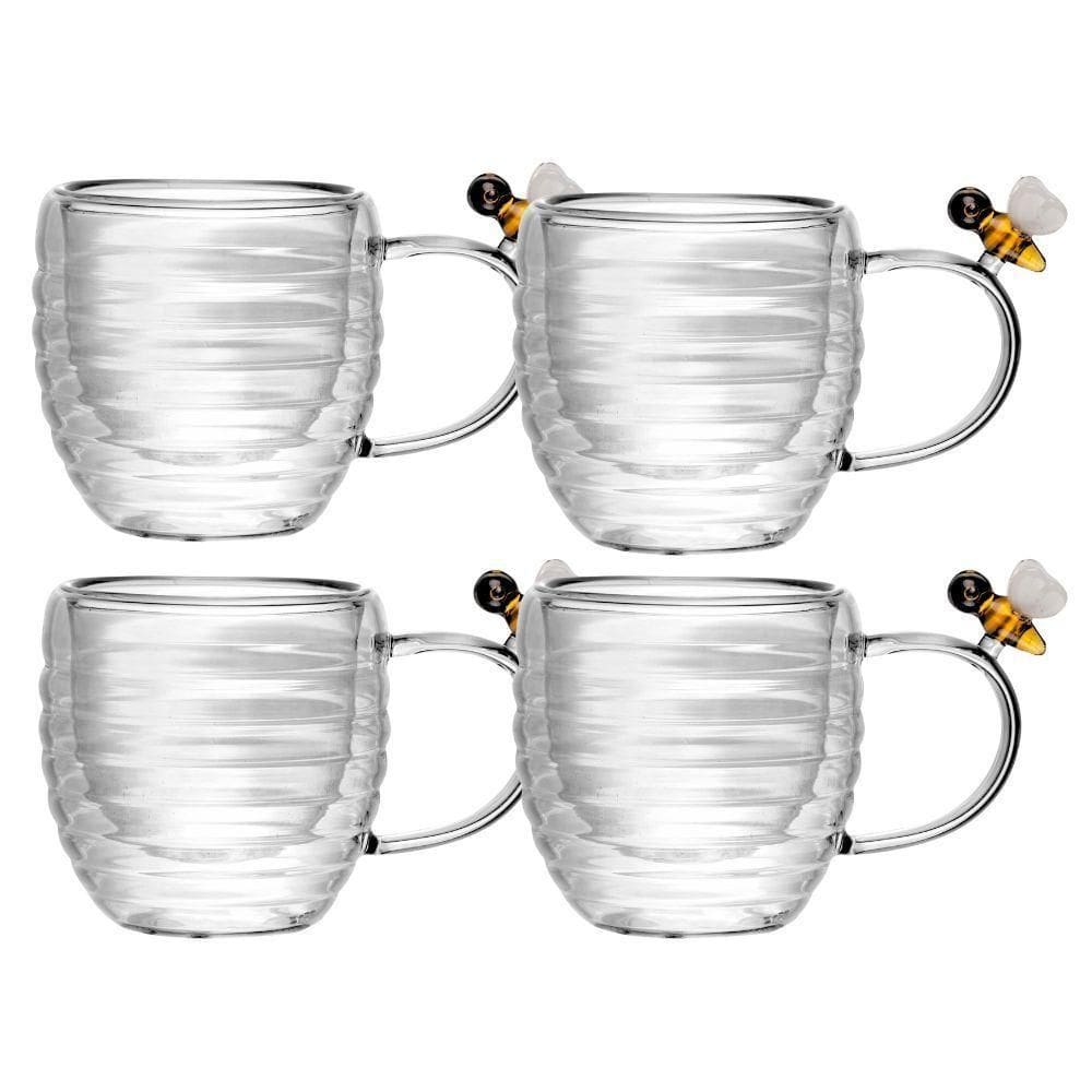 Jogo 4 XícarasDe Chá Vidro Parede Dupla Abelha Lovely Bee 180ml Lyor