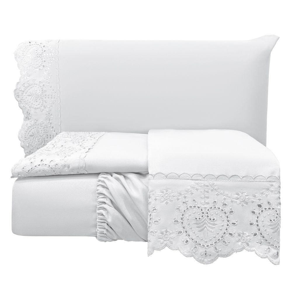 Jogo Cama Lençol Casa Scarpa Detail King Bordado Guipir Bordado Inglês Percal 300 Fios 4 Peças - Branco