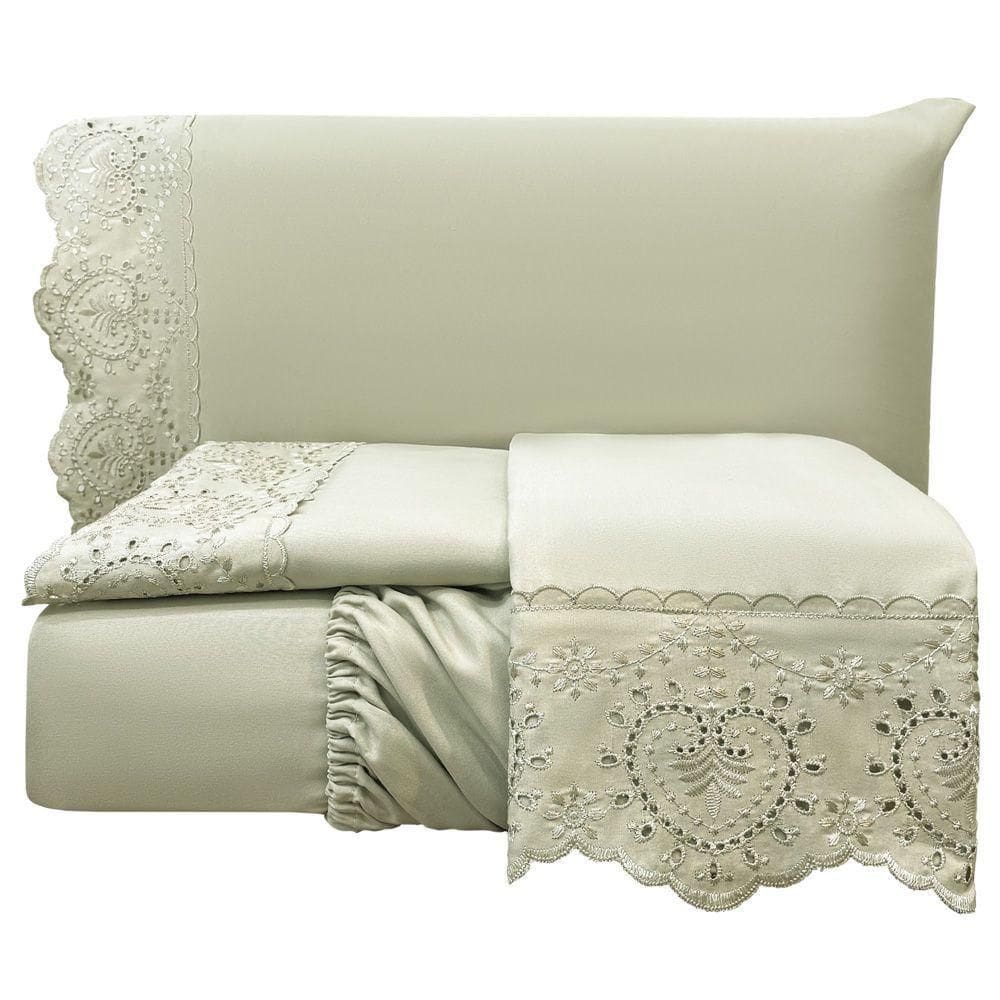 Jogo Cama Lençol Casa Scarpa Detail Casal Padrão Bordado Guipir Bordado Inglês Percal 300 Fios 4 Peças - Bege