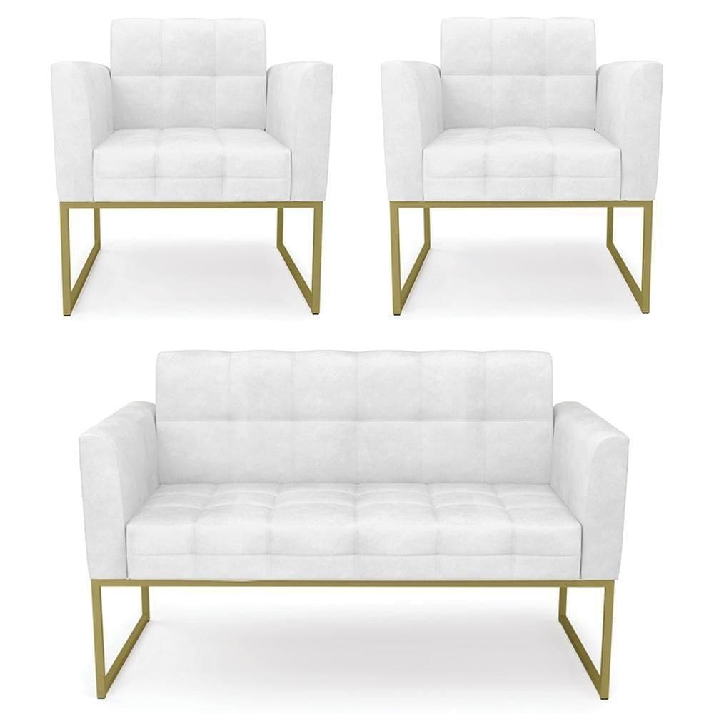 Sofá Namoradeira E 2 Poltronas Base Industrial Dourado Ana Sintético Pu Branco - Ibiza