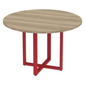 Mesa De Reunião Redonda P25 Pandin 110 Cm (largura) Tampo Mdp Noce Naturalle Pé Aço Tubular Vermelh