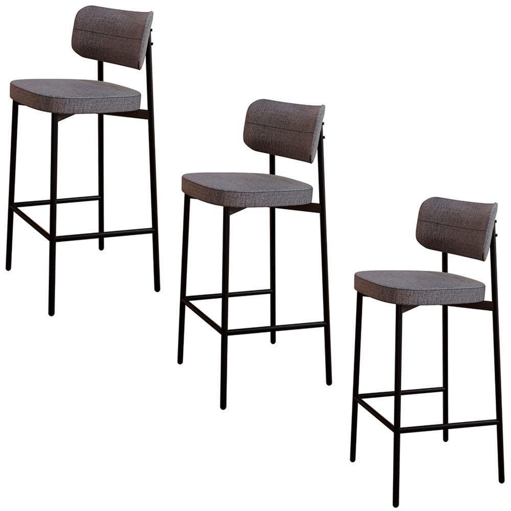Banqueta Alta Bar Estofada Kit 3 Ella M25 Linho Cinza - Mpozenato