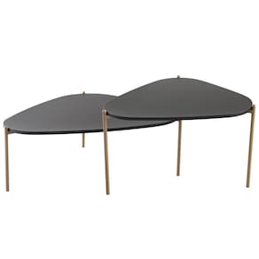 Kit 02 Mesas De Centro Para Sala De Estar Pés Metálicos Adek A03 Nero Dourado - Lyam Decor