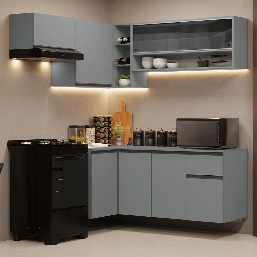 Armário De Cozinha Completa De Canto Suspenso 325cm Nice Madesa 02 Cinza