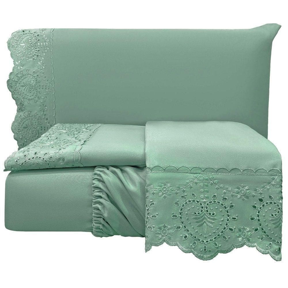 Jogo Lençol King Passione Bordado Inglês 4pç 100% Poliéster - Verde