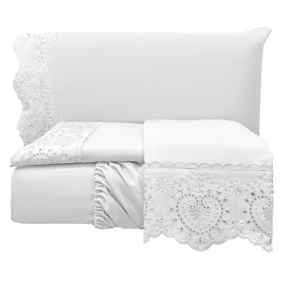 Jogo Lençol Queen Passione Bordado Inglês 4pç 100% Poliéster - Branco