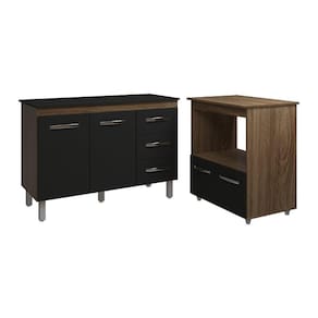 Balcão Armário Gabinete Bruna 118 Cm Preto Com Tampo Preto E Balcão Amanda Para Forno E Microondas Preto