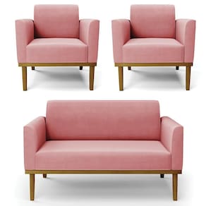 Sofá Namoradeira E 2 Poltronas Base Madeira Castanho Maressa Suede Rosê - Ibiza