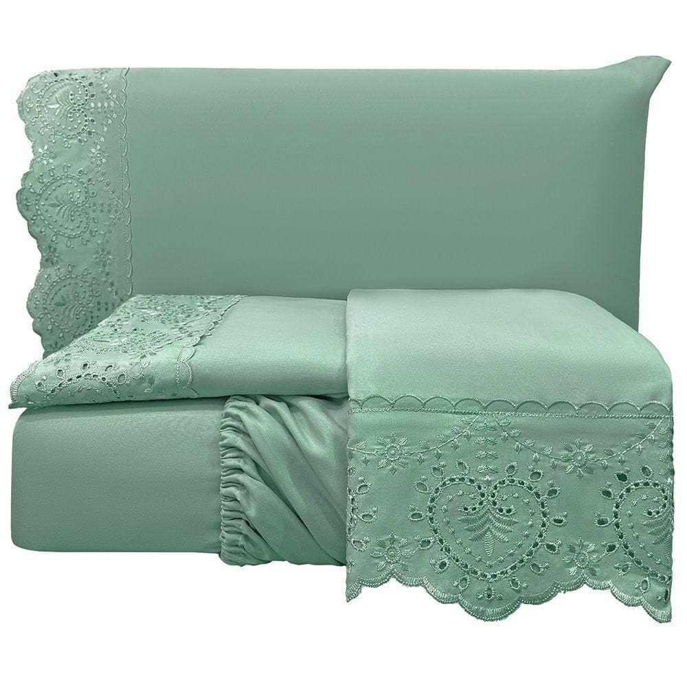 Jogo De Cama Lençol King Nupcial Percal 300 Fios 4 Peças Verde 100% Poliéster