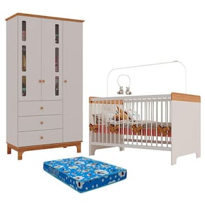 Berço Mini Cama Pega Pega e Guarda Roupa Antonella 3 Portas Off White Caramelo com Colchão Ortobom - Canaã