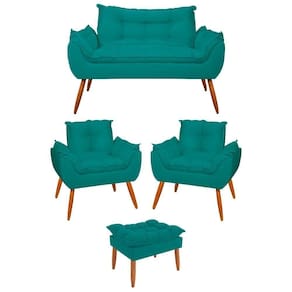 Kit 2 Poltronas + Namoradeira + Puff Opala Decorativa Balaqui Azul Turquesa
