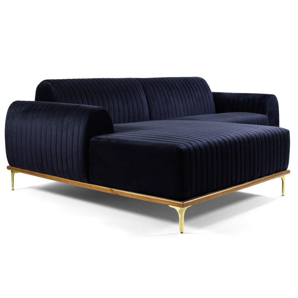 Sofá 300cm 5 Lugares Com Chaise Esquerdo Pés Gold Molino C-287 Veludo Marinho - Domi
