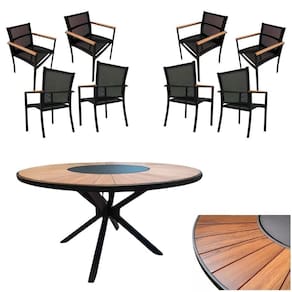 Conjunto De Mesa Jantar 1,80m Zurick Madeira Pétalas 8 Poltronas Amélia Tela Sling E Alumínio Preto